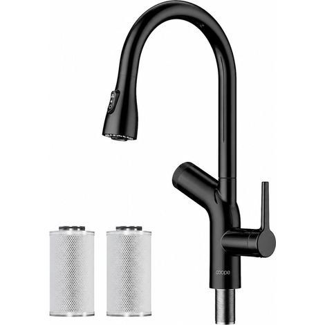 Robinet de cuisine avec douchette extractible, 2 modes de jet, système de filtration d’eau pour éliminer le chlore et les métaux lourds, lot de 3 cartouches charbon actif 2.0, noir (1/5)
