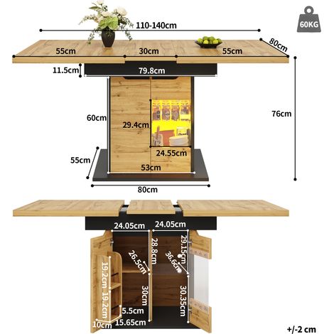 Table à manger extensible (110-140×80cm), table pliante de cuisine pour 4-6 personnes, table escamotable gain de place, avec éclairage LED et étagère à snacks, portes intégrées (1/5)