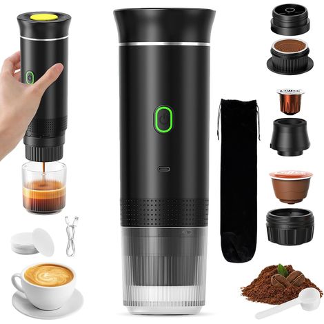 Machine à Café Portable de Voyage,Chauffage Rapide 3 En 1 Cafetiere Portable 12V, Auto-Chauffage de 4 à 6 Minutes, Grandes Capsules, Café Moulu, Pour Le Camping, Bureau, Maison, Voiture (Noir) (1/5)