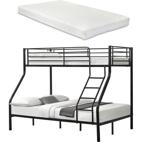 Letto a castello in metallo con 2 materassi con struttura massiccia per 3 persone 140 x 200 cm 90 x 200 cm Nero 030002730