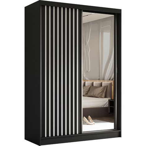 AX LIVING Cabinio Kleiderschrank Schwarz mit Spiegel 150cm Weiß Lamell