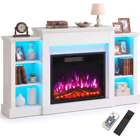Cheminée électrique - HOMCOM - meuble TV 65 pouces 6 étagères effet flamme 3D 12 couleurs ruban LED RGB - 138x25x77cm - blanc (1/2)