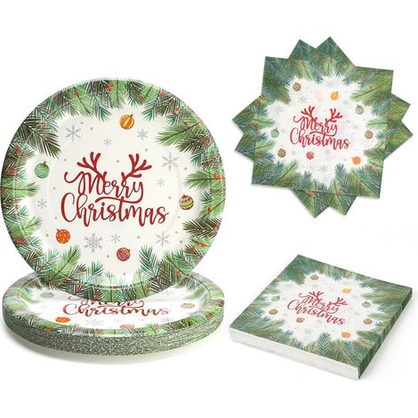 Vaisselle de Noel Jetable En Papier Et Serviettes De Noël 50 Pièces, 23cm Assiette Motif Branches De Pin Vertes, pour 25 Convives, pour Noël Fêtes Décoration (1/5)