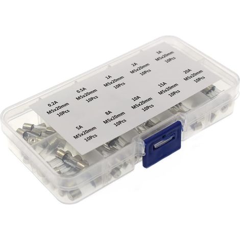 100 pièces 5x20mm fusible de Tube de Verre à soufflage Rapide Kit Assorti Amp 0.2A 0.5A 1A 2A 3A 5A 8A 10A 15A 20A 250V avec boîte (1/2)