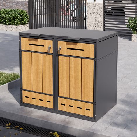 Armario cubrecontenedores de acero gris y efecto madera para 2 cubos, con tapa abatible, puerta frontal y ventilación (1/5)