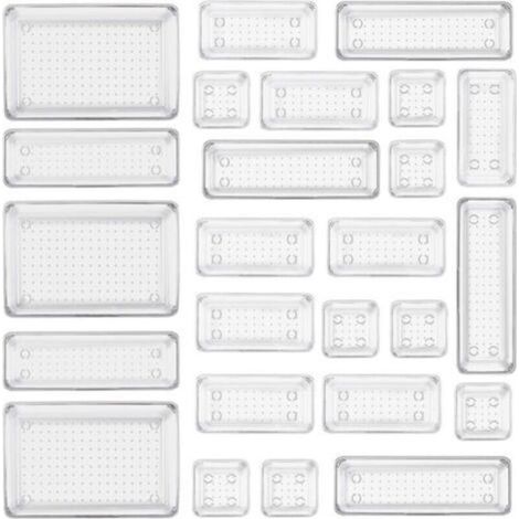 , Lot de 25 Organisateurs de Tiroirs en Transparent,avec 4 tailles de boîtes de rangement en plastique, organiseur de maquillage transparent antidérapant pour salle de bain,cosmétiques