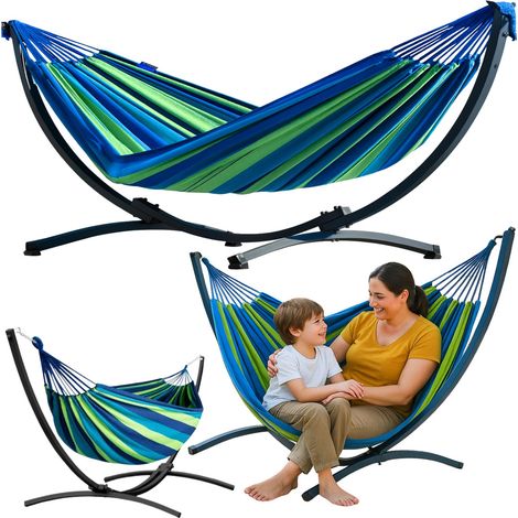 Amaca da giardino con struttura per due persone, verde e blu, 200x120 (1/5)