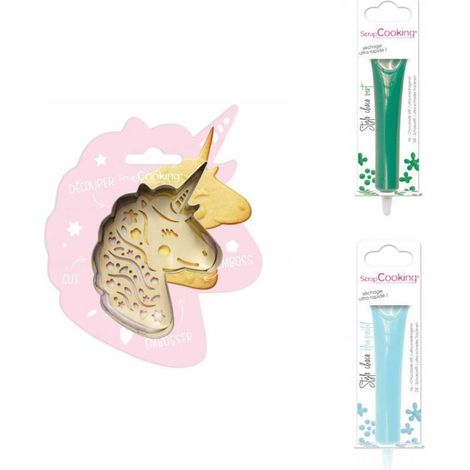 Kit pour biscuit en relief Licorne + 2 Stylos au chocolat vert et bleu pastel