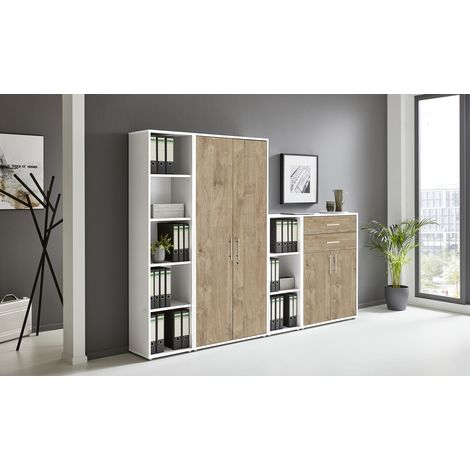 BMG Möbel abschließbare Regalwand/Schrankwand, Office Edition Set 22, weiß / Gold Harbor Oak