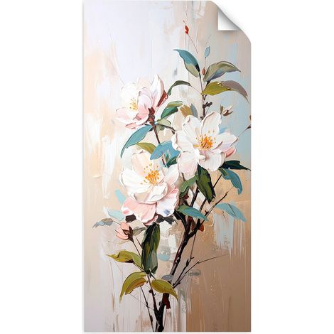 Selbstklebendes Poster – Wandsticker Weiße Blumen Zweige Blätter Farbeffekt 50x100 cm (1/3)