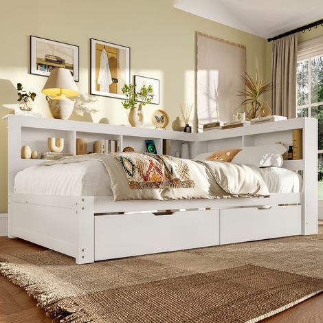 Canapé-lit 140x200 cm avec sommier à lattes, deux tiroirs de rangement, prises électriques et 2 ports USB, cadre blanc en panneau de particules (sans matelas).