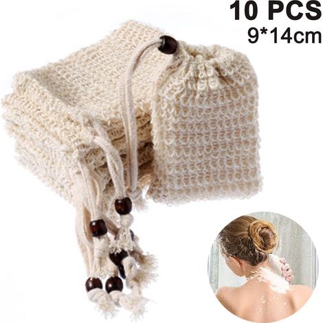 Lot de 10 sacs à savon, parfaits pour récupérer les restes de savon et économiser vos savons. Sacs à savon en fibres naturelles pour faire mousser et sécher le savon. Sacs à savon bio avec pochette de (1/5)