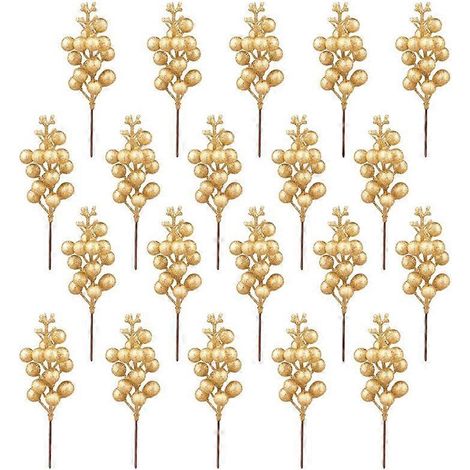 Tiges de baies artificielles, 7,5 pouces, baies de Noël pailletées (dorées) (1/5)