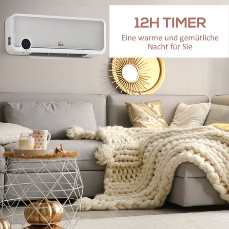 Radiateur soufflant mural 2000W avec télécommande, 3 modes, écran LED, programmateur 12h