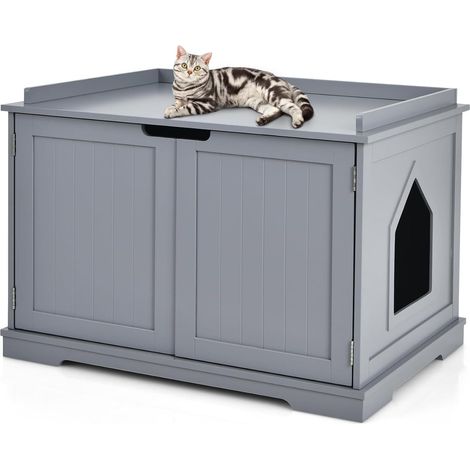 GOPLUS Maison pour Chat en Bois,Cabane/Abri/Enclos pour Chat avec Fenêtres et Portes,Style Moderne,75x54x52cm,Gris (1/5)