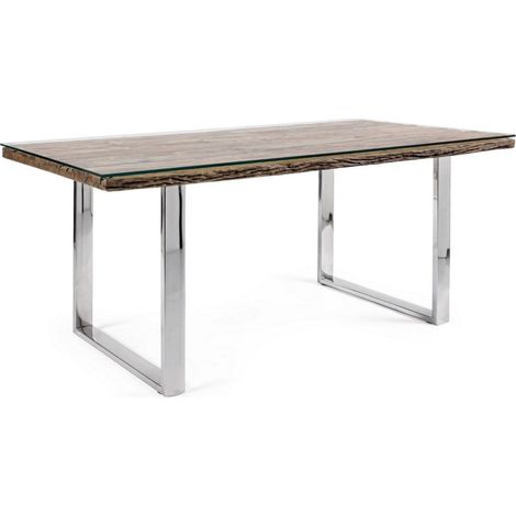 Table à manger plateau bois massif recyclé et verre trempé sur pieds acier chromé Stany 180cm (1/5)
