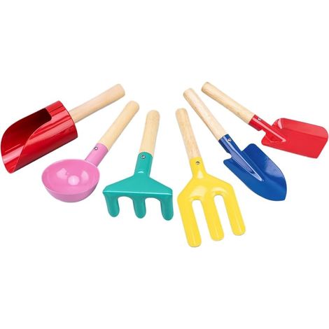 Ensemble de Jardinage Outils de Jardin en Métal avec Manche en Bois Robuste, Pelle Sûre pour Enfants avec Cylindre, Cuillère, Fourchette, Râteau (1/5)