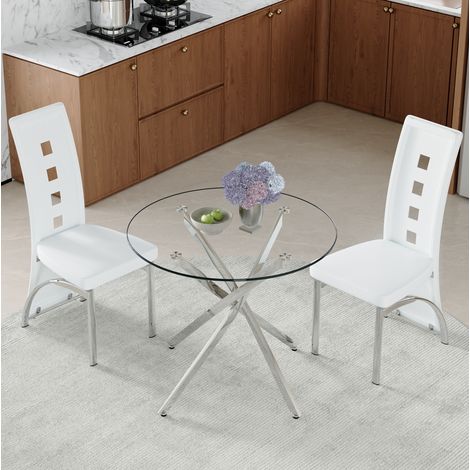 Set tavolo rotondo 88 cm in vetro temperato con 2 sedie bianche in PU e metallo (1/5)