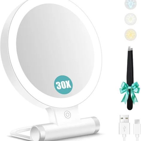 Miroir grossissant avec éclairage 30x, miroir de maquillage double face avec grossissement 1x/30x et pince à épiler, 1000 mAh, 3 modes d'éclairage avec luminosité réglable, miroir de voyage pliable (2 (1/5)