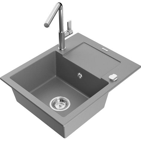 Mexen Enzo évier en granit 1 bac avec égouttoir et robinet de cuisine Flora, gris - 6506-71-670401-00 (1/5)