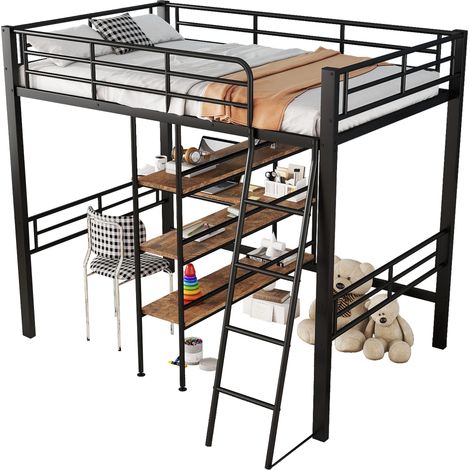 Lit mezzanine 90 x 200 cm avec bureau, étagères de rangement, échelle et garde-corps, structure métal noire, sans matelas, pour chambre d’enfant CHICFURN (1/5)
