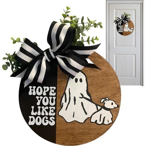 Décorations de maison rustiques, Happy Halloween en bois, porte fantôme d'Halloween, mur de maison hantée Porte fantôme effrayant Porte d'entrée Cintre Guirlande Decor Tricot ou scherz (1/5)