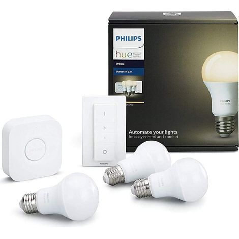 Philips Hue White Starter Kit con 3 Lampadine LED Smart, Luce Bianca Calda, Dimmerabile, 9W, Attacco E27, Hue Bridge e Telecomando Dimmer Switch Inclusi, Versione 2018 [Classe di efficienza energetica (1/5)