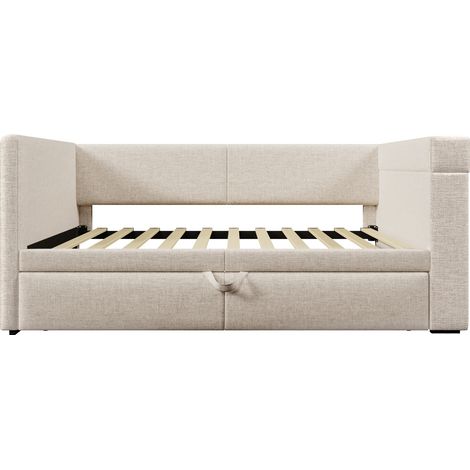 Lit de repos capitonné 90x200 cm avec lit gigogne, beige, tissu lin et coton, sans matelas, MODENUIT (1/5)