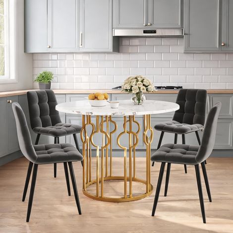 Table à manger ronde 100 cm avec 4 chaises en velours gris en MDF (1/5)