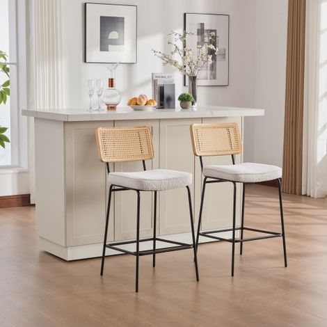 Sgabello da bar moderno dal design lucido, 2 sgabelli per confezione, seduta in tessuto ciniglia, design senza braccioli, schienale con struttura in legno effetto rattan, gambe in metallo laccato. - A (1/5)