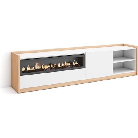 Skraut Home - Mobile TV Soggiorno, 207x37x50cm, Per TV fino a 80", Camino elettrico, Bianco e Rovere soft (1/5)