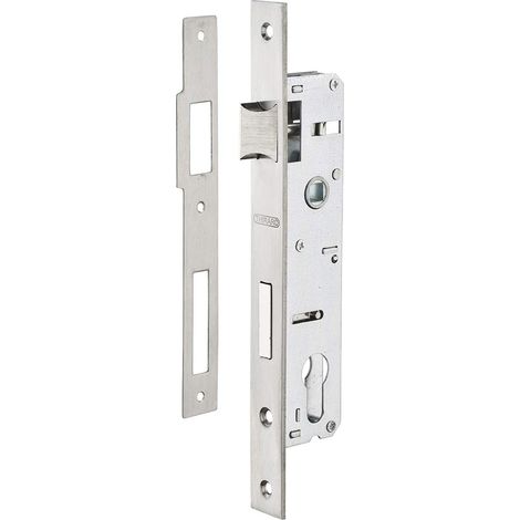 Boîtier de Serrure Encastrable à Cylindre pour Menuiserie métallique - Axe 25 mm - Bouts Carrés - Coffre acier - Têtière inox - Pêne Nickelé - gris (1/2)