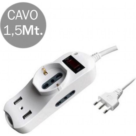 Regleta V-TAC con cable de 1,5 m, 2 tomas laterales de 10/16 A, dos pasos, 1 frontal de 10/16 A + Schuko, 2 interruptores USB, enchufe de 16 A (1/3)