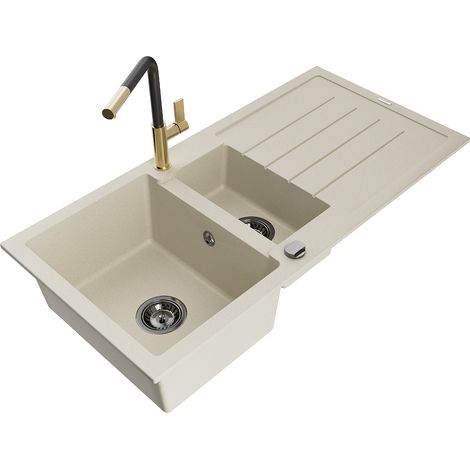 Mexen Andres 1,5-Becken-Granitspüle mit Abtropffläche und Mischbatterie Flora, Beige - 6515-69-67040