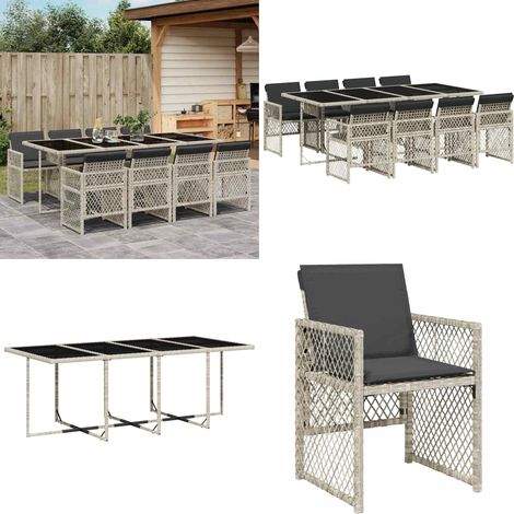 9-tlg. Garten-Essgruppe mit Kissen Hellgrau Poly Rattan - Gartentisch - Gartenmöbel Set - Outdoor Möbel - Esstisch - Gartenstühle - Home & Living (1/5)