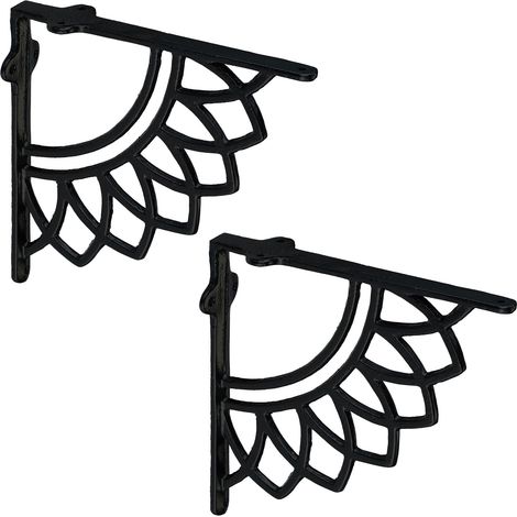 Relaxdays Shelf Brackets, Set of 2, Cast Iron, Boho Mandala Design, Angle Supports for Wall-Mounted Shelves, Black