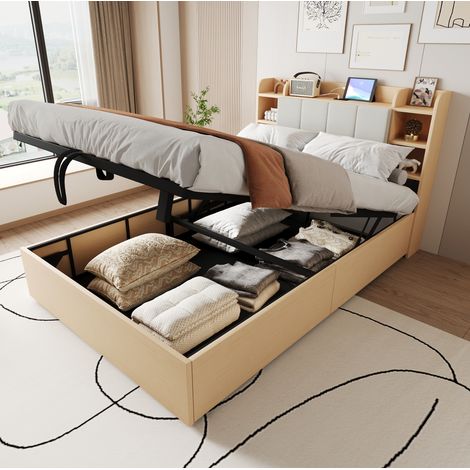 Lit coffre hydraulique 140 x 200 cm avec tête de lit rangements et USB Type-C, bois (1/5)