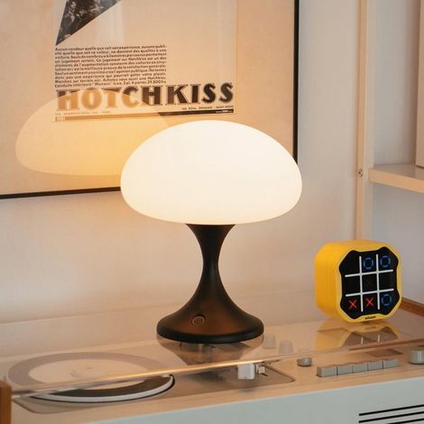 Lampe champignon, lampe de table LED rechargeable sans fil, abat-jour en verre, lampe de style vintage, lampe de chevet, noire (1/4)