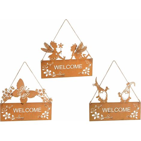 Décorations en métal effet corten Welcome avec fleurs, gnomes, papillons et fées à suspendre, lot de 3, 24,5 x H. 21 cm