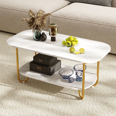 Table Basse avec Plateau en Faux Marbre Table à Thé 2 Niveaux avec Étagère de Rangement et Cadre Métallique Robuste Blanc (1/3)