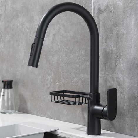 Robinet de cuisine, mitigeur rotatif à 360° avec douchette extractible, mitigeur d'évier rotatif à jets multiples, mitigeur de cuisine en acier inoxydable noir