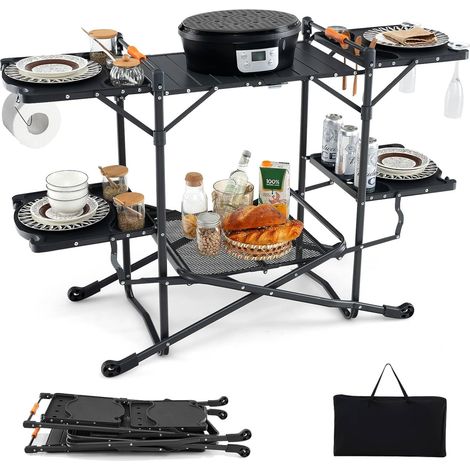 Folding Outdoor Cooking Station w/ 4 Side Tables & Storage Rack (1/5)
