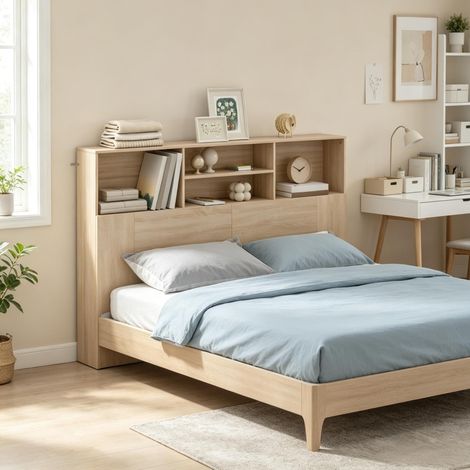 Tête de lit 140 cm avec 4 niches de rangement ouvertes, en bois clair et MDF, pour livres, décoration ou vidéoprojecteur, fixation murale incluse, pour chambre adulte – CHICFURN (1/5)