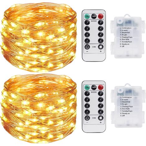 Guirlande lumineuse d'intérieur 10 m, 100 LED, avec télécommande, étanche IP65, 3 guirlandes lumineuses en fil de cuivre pour fêtes de Noël et mariages en extérieur, blanc chaud [Classe énergétique F]