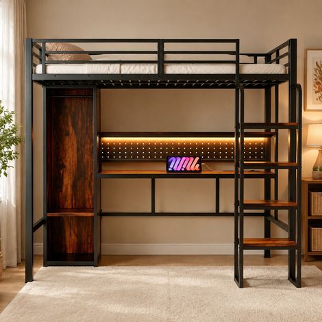 Letto a soppalco in metallo 90 x 200 cm nero con scrivania, armadio, mensola e LED multicolore (1/5)