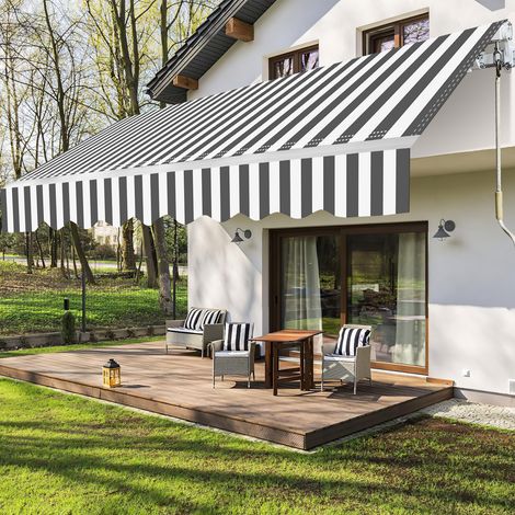 Wolketon 350x300cm Sonnenmarkise Gelenkarmmarkise Aluminium Markise Klemmarkise mit Handkurbel Balkonmarkise Sonnenschutz Grau Weiß