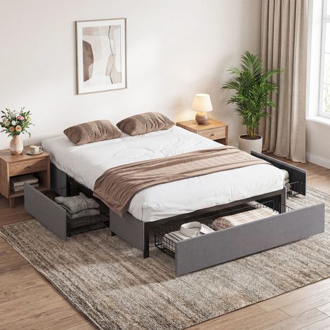 Cama Doble 140x190 cm Somier con 3 Cajones y Estructura de Metal Carga 363 kg Gris (1/5)
