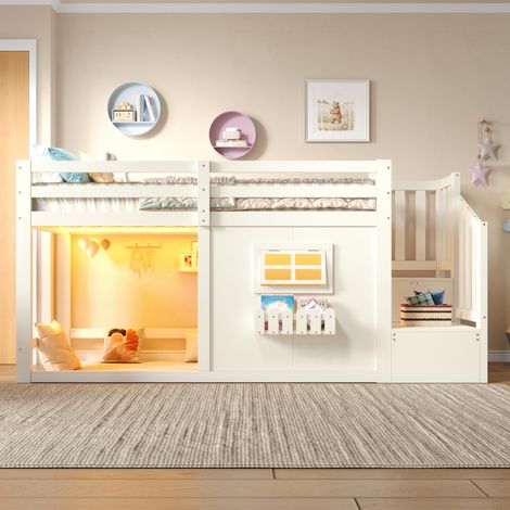 Lit mezzanine enfant 90x200 cm avec fenêtre, échelle de rangement, bande LED, vendu sans matelas, MDF et pin, Blanc (1/5)