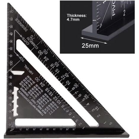 BCC 17cm Rapporteur Triangle Alliage d'Aluminium Équerre Charpentier Triangle Metrique Professionnel Menuiserie Règle d'Angle Règle Triangulaire avec Rapporteur Outil de Mesure Noir (1/4)