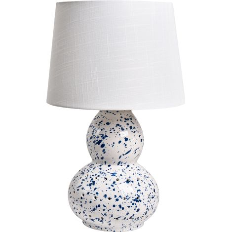 Lámpara de mesa moderna base de cerámica pantalla de lino forma cilíndrica lunares azules acabado brillante blanco Macal